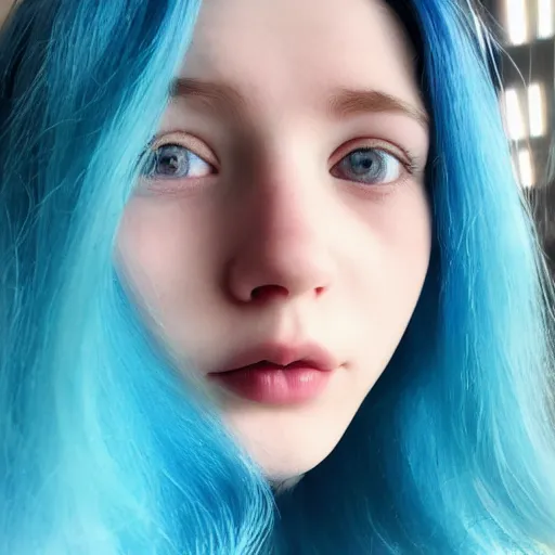 Image similar to a pale girl with blue hair, soft facial features, looking directly at the camera, neutral expression, extreme close up, instagram picture