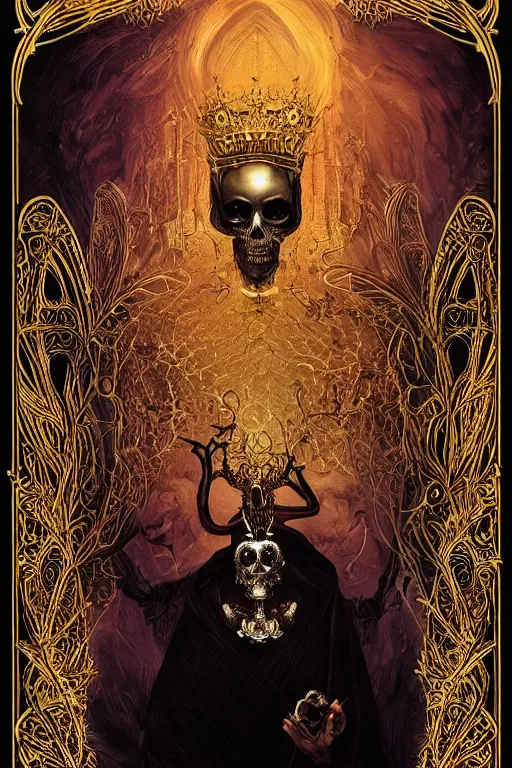 Prompt: queen of death, Necro style, Midjourney style, golden tarot card, Mandelbulber fractal, insanely detailed and intricate bright black line, golden ratio, elegant, gothic fog, ornate, horror, elite, sinister, haunting, matte painting, cinematic, cgsociety, bright and bright, painted by Caravaggio, Greg rutkowski, Sachin Teng, Thomas Kindkade