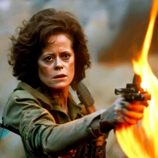 Image similar to film still of a mud - covered sigourney weaver as major dutch holding a flame thrower and hiding behind a rock from the predator in predator 1 9 8 7, hd, 8 k