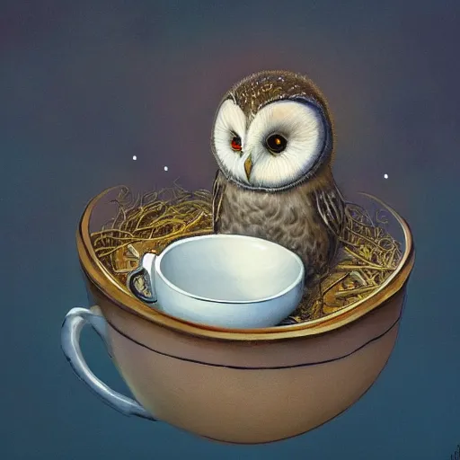 Image similar to long shot of a very cute owl chick nesting in a very romantique cup, by esao andrews, by james jean, marc simonetti, by victo ngai, humorous illustration, hyperrealistic, big depth of field, warm colors, night scenery, dim light, 3 d octane render, 4 k, hyperdetailed, hyperrealistic, trending on artstation