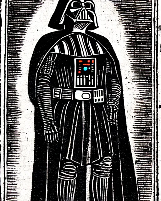 Image similar to b & w woodcut portrait of medieval darth vader from the nuremberg chronicle, 1 4 9 3, restored, hq scan