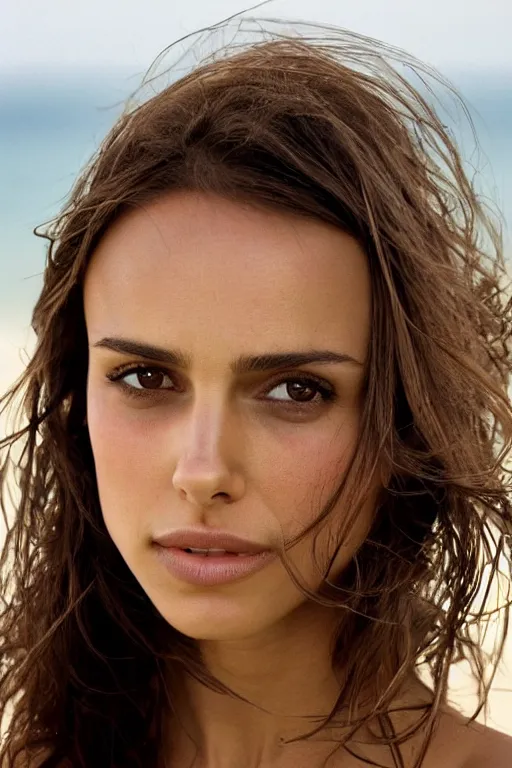 Image similar to a photo of a girl half Nathalie Portman half Jessica Alba at beach, portrait at beach, 3/4 view, amber eyes, a shy face, the sea in the background, Refined, Detailed professional photo, 50mm lens, Canon eos, soft an diffuse lights, autumn light, blurry distant background, Highly Detailed, Cinematic Lighting, Unreal Engine, 8k, HD