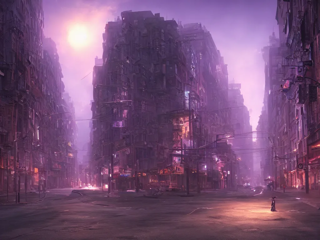 Image similar to eldritch horror lurking within city streets at evening, twilight, purple, global illumination, hyperrealistic, volumetric lighting, epic cinematic shot, perfectly defined features, ambient occlusion