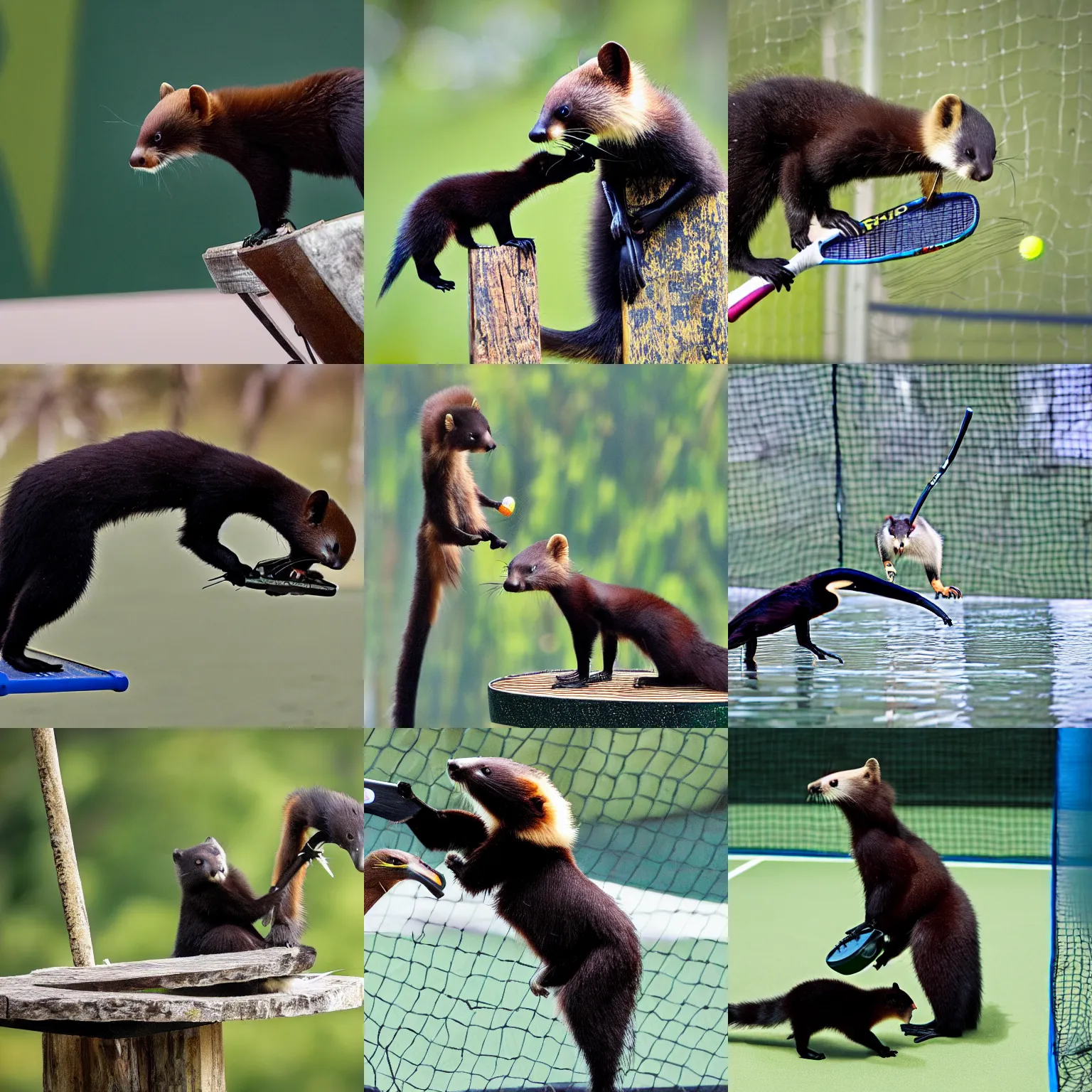 Prompt: photo of a marten and an anhinga playing padel