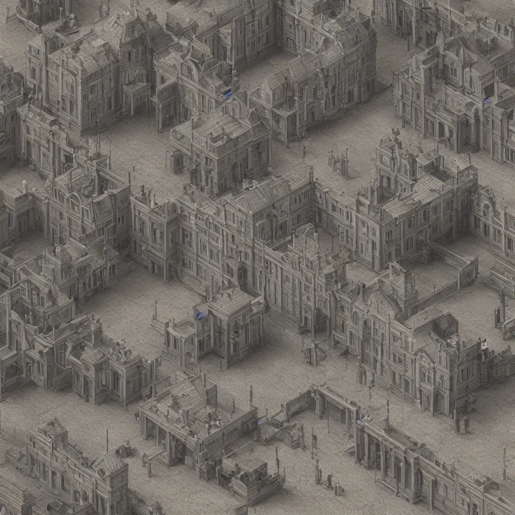 Prompt: an immaculate isometric octane redshift rendering of a 1800s Germain court at day in the royal palace littered. ambient occlusion. volumetric lighting.