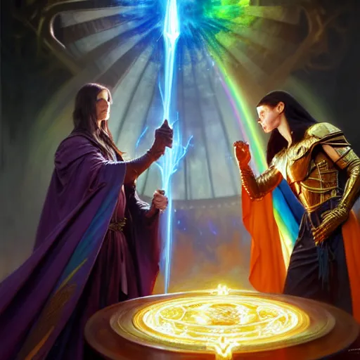 Image similar to painting of powerful stylish sorcerer and a cleric banishing the darkness and its abominations with a rainbow spell, ultra realistic, concept art, intricate details, eerie, highly detailed, photorealistic, octane render, 8 k, unreal engine. art by artgerm and greg rutkowski and magali villeneuve and alphonse mucha