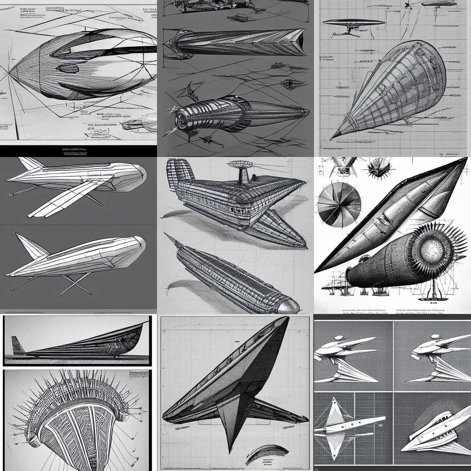 Prompt: these airship concept drawings are great examples of applying x - y - z section lines to help draw complex objects in perspective. the section lines and construction techniques are clearly visible. accurate foreshortening of the patterns of the graphics and fabrics seams as well as the details like the spikes wrapping to the other side of the objects.