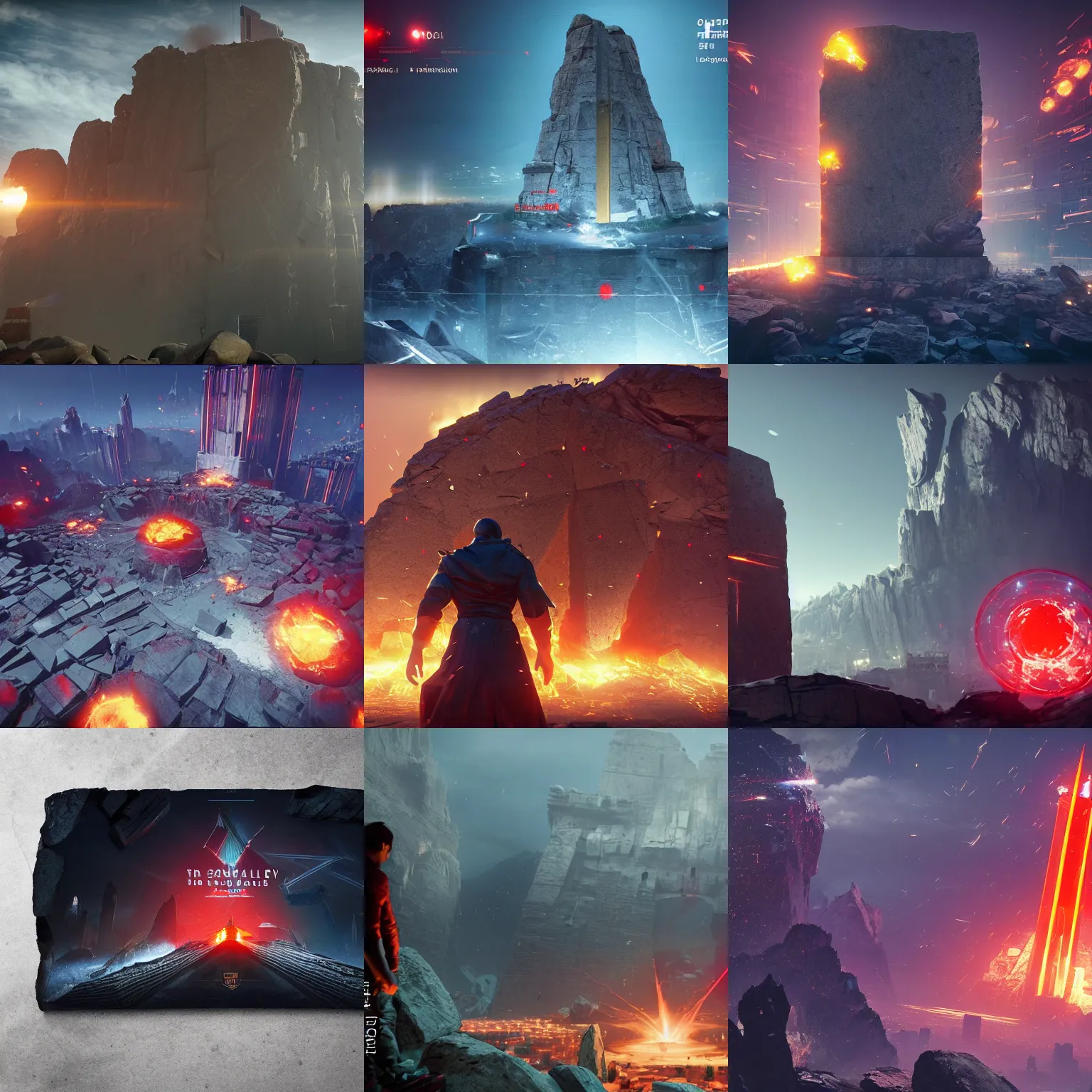 Prompt: a huge towering and broken stone tablet + 8 0 0 meter high stone tablet, with red light stands in the center of a prosperous city at the end of the world, and the energy is released, secret, mysterious, doomsday, landscape, video game control, quantum break, arknights, bungie, destiny 2, 4 k,