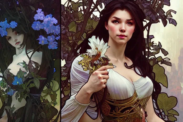 Image similar to ubermench, machiavellian garden, art by artgerm and greg rutkowski and alphonse mucha