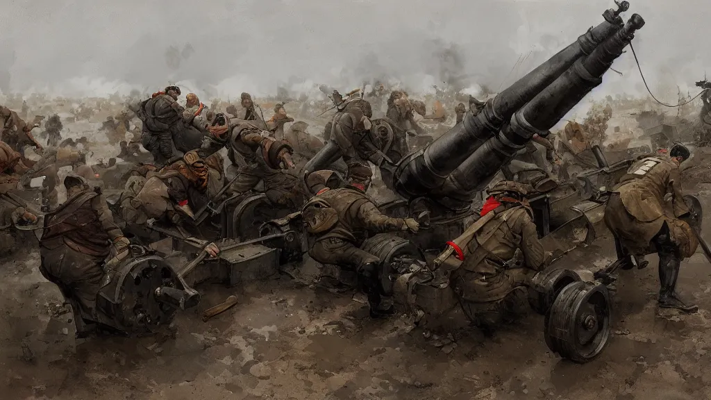 Prompt: artillerist group loading artillery shells into a cannon, rule of thirds, watercolored, jakub rozalski, dark colours, dieselpunk, artstation