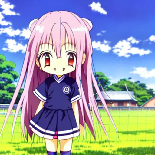 Prompt: A cute little anime girl with long indigo colored hair, wearing a school soccer uniform, in a large grassy green field, petting a cat, shining golden hour, she has detailed black and purple anime eyes, extremely detailed cute anime girl face, she is happy, child like, Japanese shrine in the background, Higurashi, black anime pupils in her eyes, Haruhi Suzumiya, Umineko, Lucky Star, K-On, Kyoto Animation, she is smiling and happy, tons of details, stretching her legs on the grass