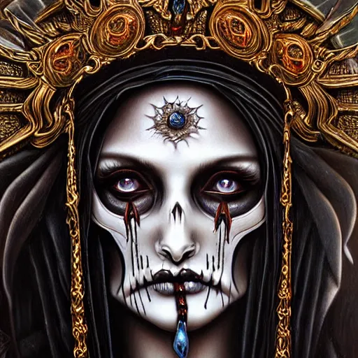 Image similar to close up portrait, goddess of death, by anne stokes, photorealism, highly detailed