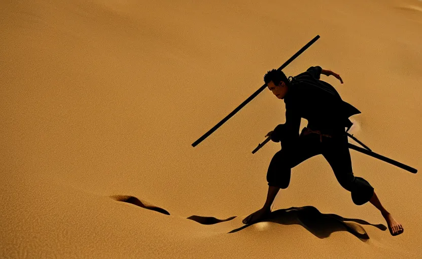 Image similar to roronoa zoro in sand dunes, photography