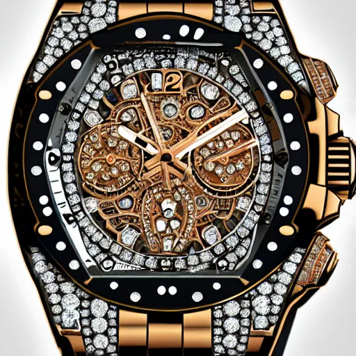 Prompt: vvs diamond watch, intricate design, rolex, cogs and gears, steampunk watch, bejeweled beautiful watch, richard mille, breitling watch