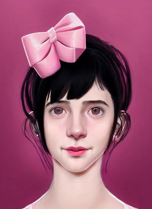 Image similar to portrait of teenage girl, realistic, black hair, bangs, half updo hairstyle, pointy nose, skinny, smile, ugly, defined jawline, big chin, pink hair bow, earrings, intricate, elegant, glowing lights, highly detailed, digital painting, artstation, sharp focus, illustration, art by wlop, mars ravelo and greg rutkowski