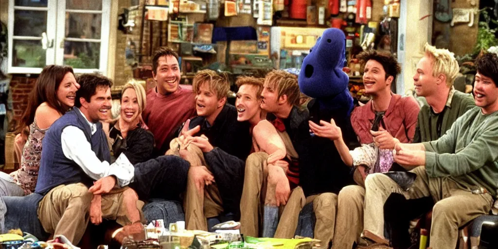 Prompt: Barney the dinosaur on the set of Friends (1994)