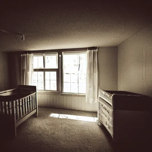 Prompt: creepy nursery liminal space, dark photograph