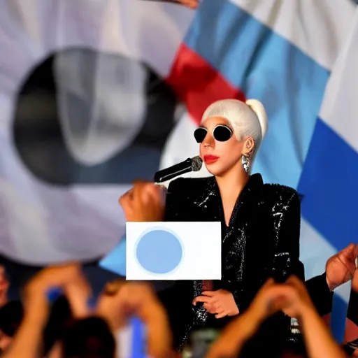 Image similar to Lady Gaga as president, Argentina presidential rally, Argentine flags behind, bokeh, giving a speech, detailed face, Argentina