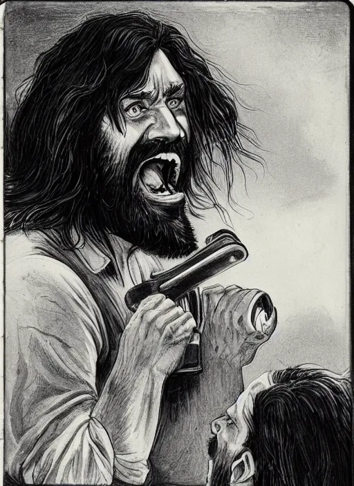 Prompt: cinematography long haired bearded man screaming to the gate interphone by emmanuel lubezky