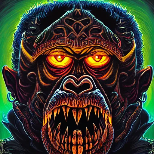 Prompt: barong family member, wiwek, mara demon, one single tribe member, jungle, one single mask, dark, ancient warrior, defiant gorilla, violence blood, satan, diablo, tribal, inner glow, art by dan mumford and justin gerard