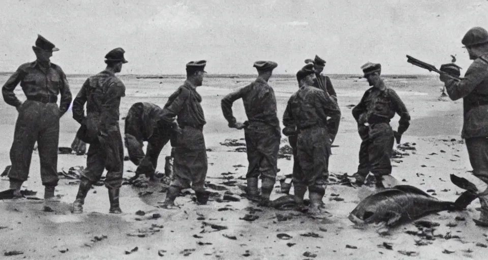 Image similar to 1940s photo, long shot, 5 soldiers looking at a huge creature washed up on a beach