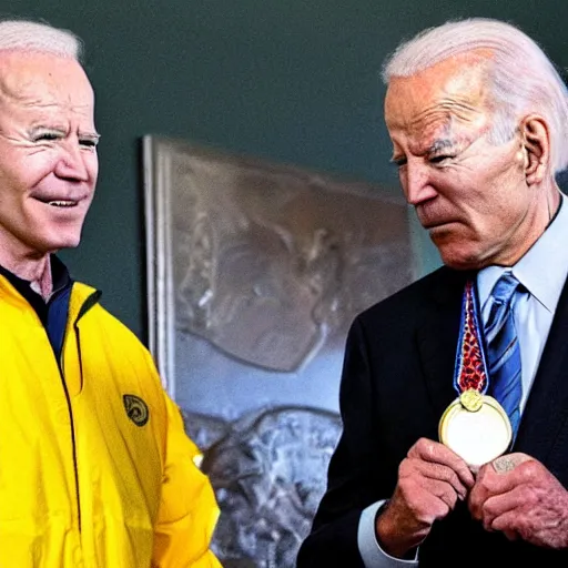 Prompt: Walter White is awarded the Presidential Medal of Freedom from Joe Biden in Breaking Bad