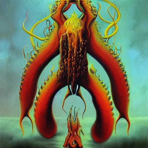 Image similar to squid dragon, fire, psychedelic by zdzisław beksiński