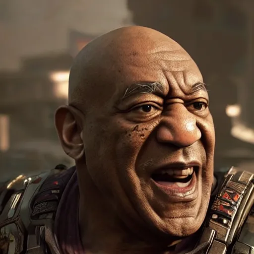 Prompt: asian bill cosby in gears of war, splash art, movie still, detailed face, photorealistic facial features, cinematic lighting, dramatic, octane render, long lens, shallow depth of field, bokeh, anamorphic lens flare, 8 k, hyper detailed, 3 5 mm film grain