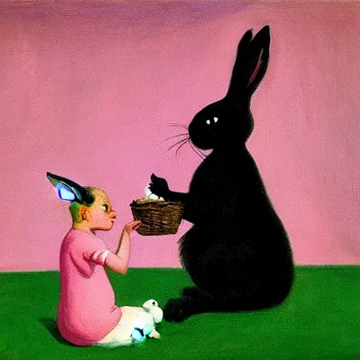 Image similar to black cat having a picnic with a bunny, the bunny has pink fur, highly detailed, painted by Edward Hopper