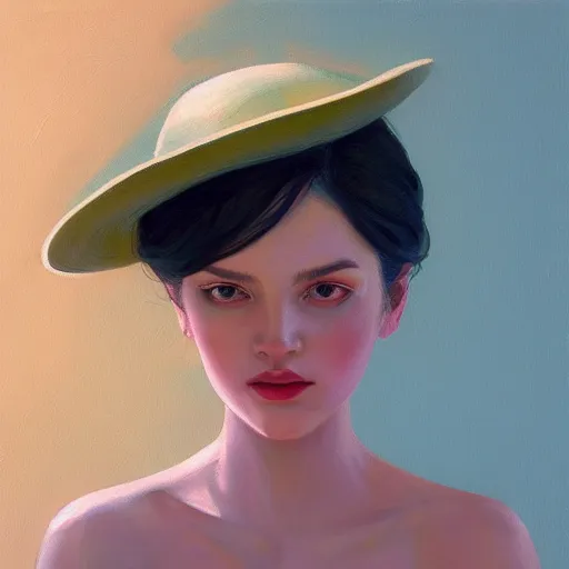 Prompt: a painting of a woman wearing a hat, an ultrafine detailed painting by james jean, cgsociety, figurative art, ilya kuvshinov, detailed painting, rich color palette