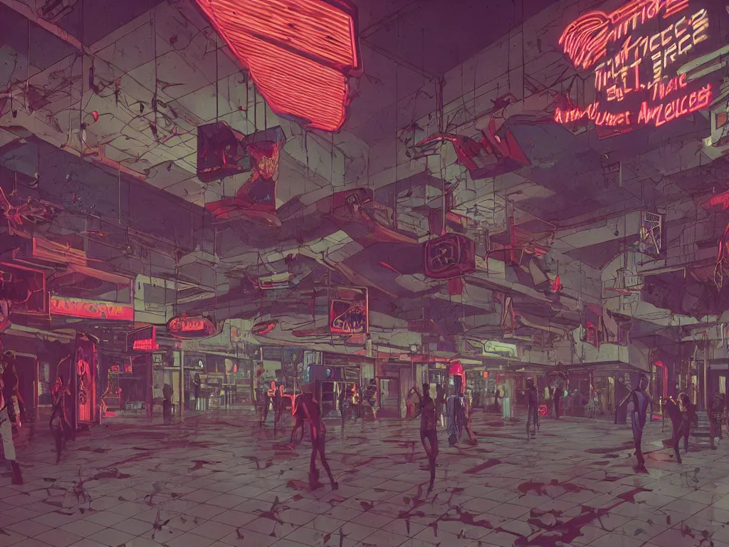 Prompt: inside a 1 9 8 0's american mall, horror movies decorations, gameplay still frame, 4 colors, pixel art, futuristic, splash screen, level design, high contrast, background, deep focus, highly detailed, dramatic lighting, digital painting, artstation, concept art, matte, greg rutkowski, moebius.