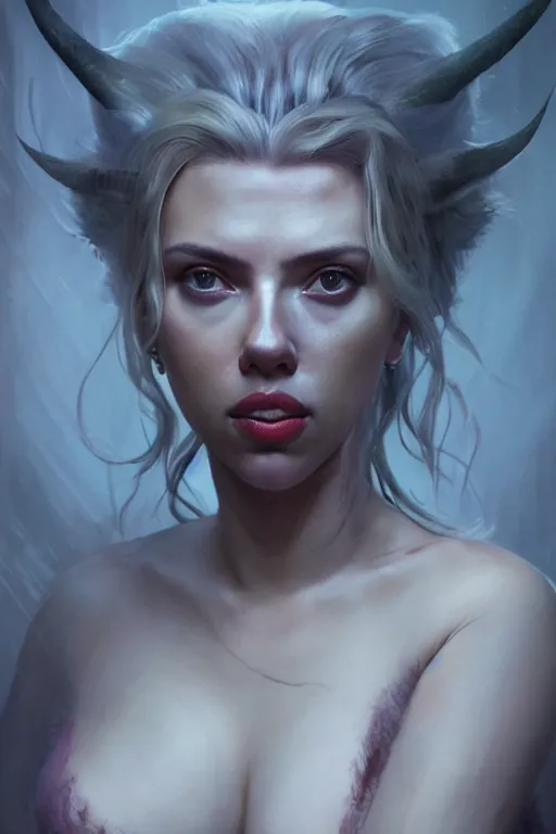 Prompt: a portrait of a very attractive Scarlett Johansson as a succubi by Greg Rutkowski, Sung Choi, Mitchell Mohrhauser, Maciej Kuciara, Johnson Ting, Maxim Verehin, Peter Konig, final fantasy , mythical, 8k photorealistic, cinematic lighting, HD, high details, atmospheric,