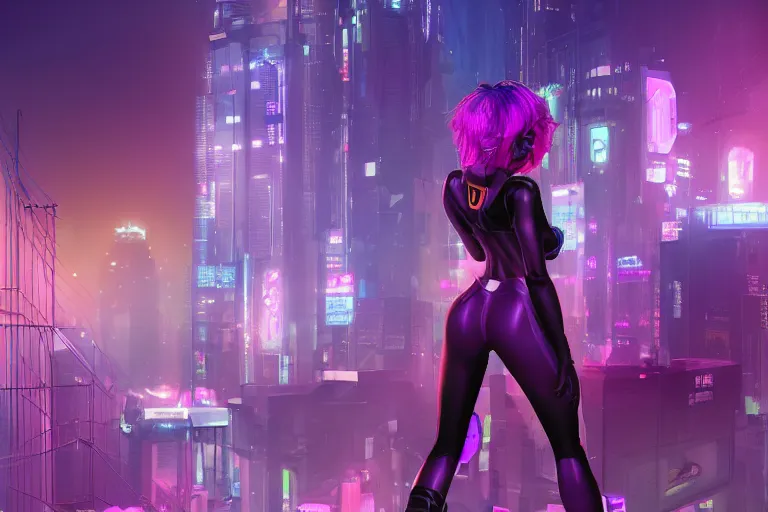 Image similar to a superhero girl with purple hair in a cyberpunk city, digital painting, long shot, blue hour lighting, Vaporware style, romantic, dynamic, bright, joyful, Award Winning, Unreal Engine, Trending on ArtStation, 4k