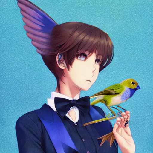 Image similar to colored pencil, anime art, beautiful full body female pinup girl, holding an indigo bunting bird, the bird is wearing a bowtie, wlop, rossdraws sakimimichan, ilya kuvshinov, krenz cushart, greg rutkowski