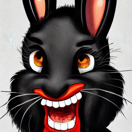 Image similar to A extremely highly detailed majestic hi-res beautiful, highly detailed head and shoulders portrait of a scary terrifying, horrifying, creepy black cartoon rabbit with scary big eyes, earing a shirt laughing, hey buddy, let's be friends, in the art style of Walt Disney