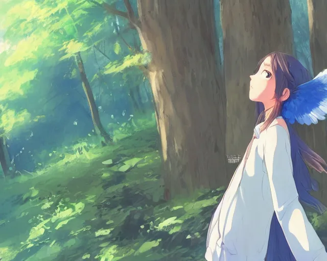 Prompt: a girl with two wings on her back in a forest. She has TWO wings on her back!!! Angel! Two blue wings!! She is facing the camera!!! Close up!! Front shot!! By Makoto Shinkai, trending on ArtStation, digital art.