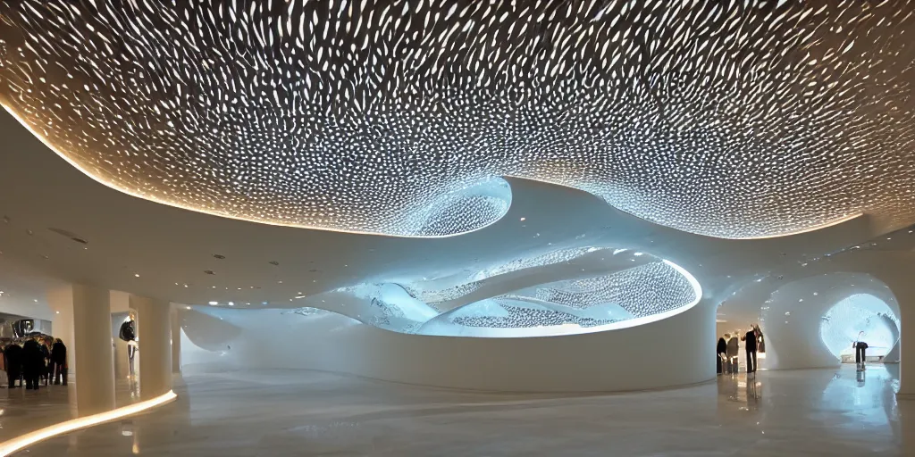 Image similar to extremely detailed stunning curvilinear museum interior with water centered sculpture piece and led strips