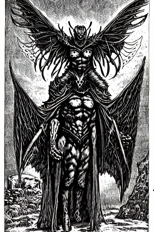 Image similar to mothman as a d & d monster, full body, pen - and - ink illustration, etching, by russ nicholson, david a trampier, larry elmore, 1 9 8 1, hq scan, intricate details, inside stylized border