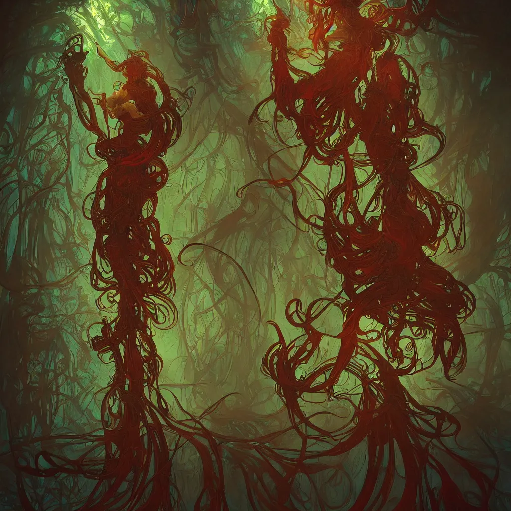 Image similar to rich teal fungus monsters by john sweeney, intense red veins by alphonse mucha, intense lighting, light beams, lens flare, intricate, elegant, nightmare, highly detailed, digital painting, artstation, concept art, smooth, sharp focus, illustration