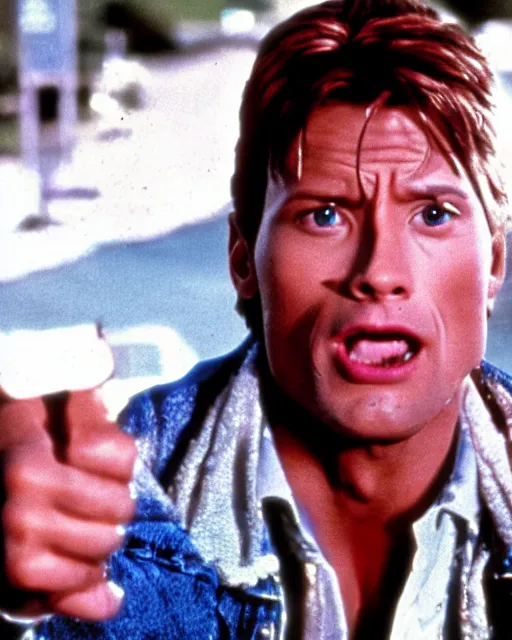 Image similar to film still close - up shot of dwayne johnson as marty mcfly from the movie back to the future. photographic, photography