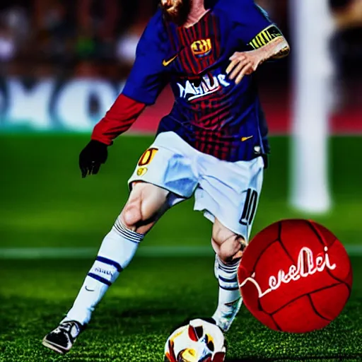 Image similar to Lionel Messi hitting the ball, photorealistic, 4k