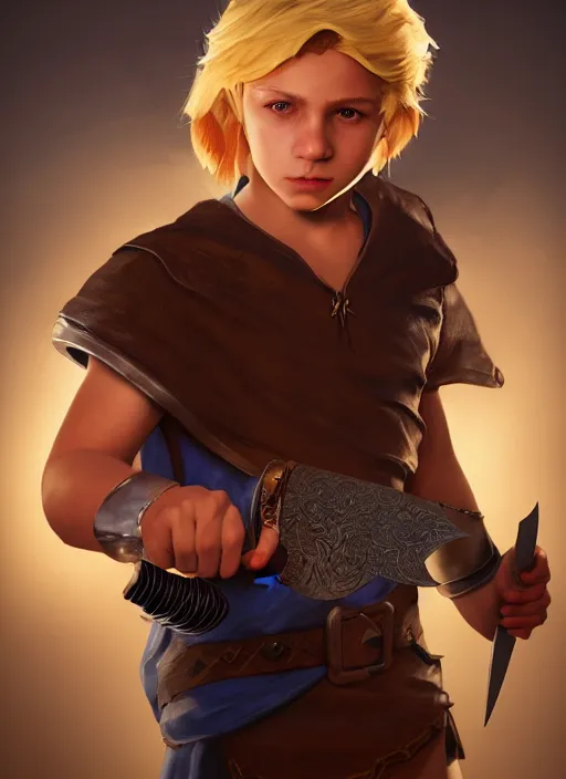 Image similar to An epic fantasy comic book style portrait painting of a young blonde boy thief holding a dagger, unreal 5, DAZ, hyperrealistic, octane render, cosplay, RPG portrait, dynamic lighting