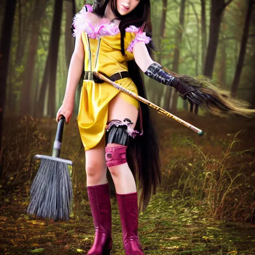 Prompt: young woman witch with magic wand and broom cosplay, she wears boots, full body shot, detailed face, photo taken by nikon, 4k, high quality, very detailed, intricant