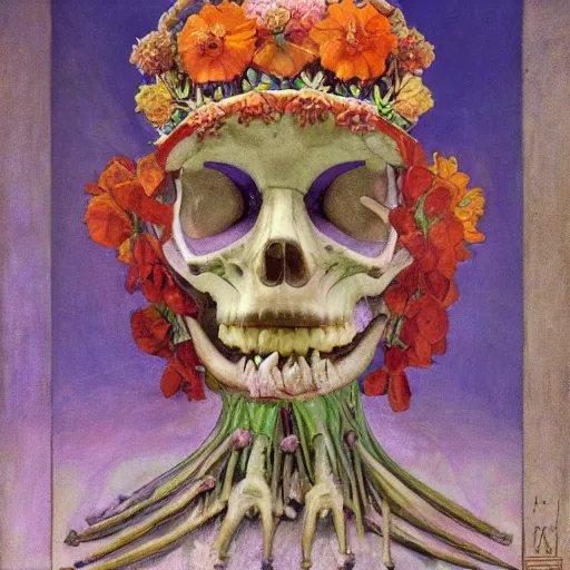 Prompt: the crown of flowers and bones, by Annie Swynnerton and Nicholas Roerich and Diego Rivera, bioluminescent skin, elaborate costume, geometric ornament, symbolist, cool colors, smooth, sharp focus, extremely detailed