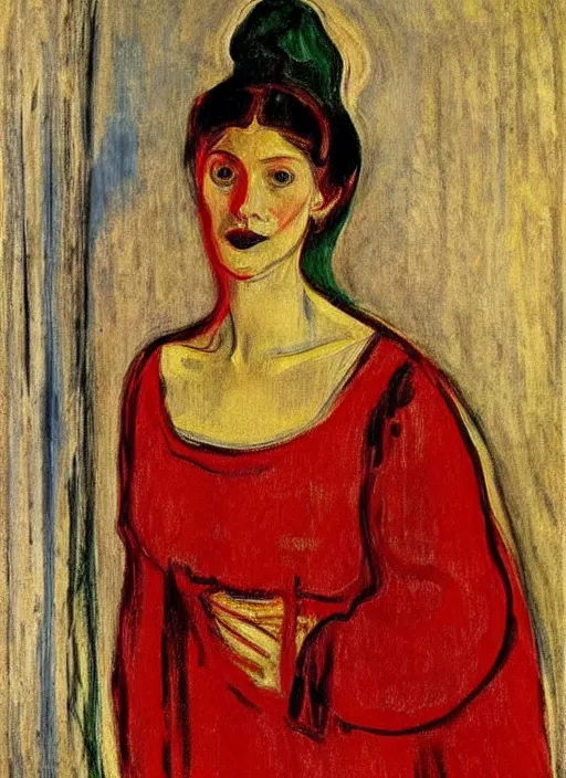 Image similar to portrait of young woman in renaissance dress and renaissance headdress, art by edvard munch