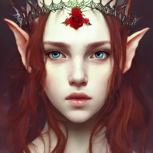 Prompt: portrait of very beautiful elf, rose thorn crown, thorns everywhere, headshot, pale skin, 4k, rule of thirds, extreme detail, detailed drawing, trending artstation, hd, fantasy, D&D, realistic lighting, by Alphonse Mucha, Greg Rutkowski, sharp focus, backlit, bright red hair, elegant