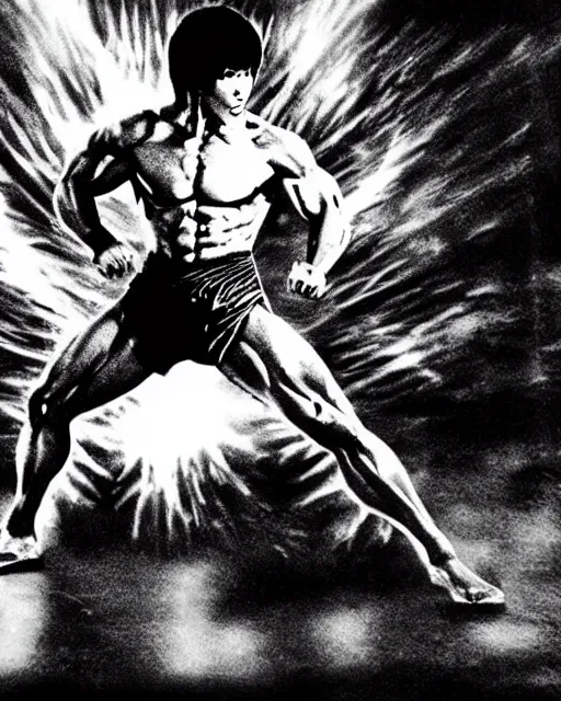 Image similar to bruce lee as kenshiro in live action fist of northstar movie, a bright glow surrounds his body, particle effects, hyperreal, post apocalyptic, mutants, martial arts, cinematic