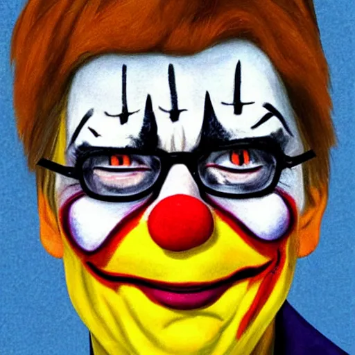 Image similar to a portrait of stephen king with clown makeup on