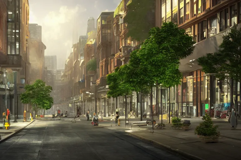 Prompt: utopic city streetscape, high detail, volumetric lighting, verdant