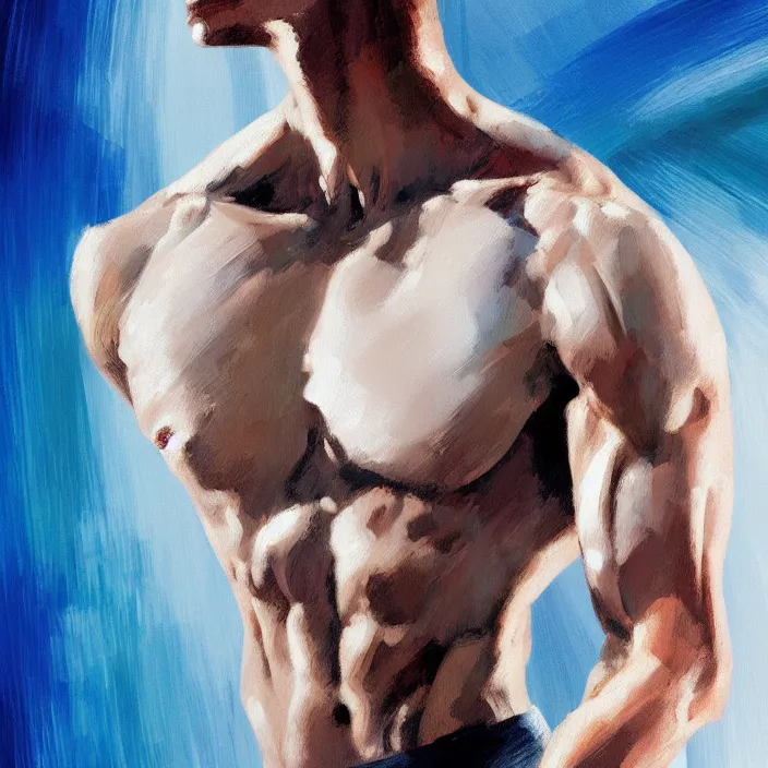 Image similar to closeup of a thin, athletic physique man's body in abstract, thick flowing dramatic brush strokes, strong wind, white background, matte colors, impressionist, extreme motion, trending on artstation